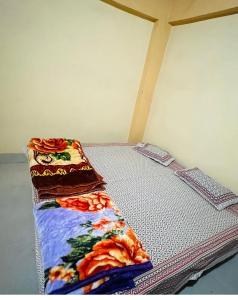 ein Bett mit zwei Kissen darauf in einem Zimmer in der Unterkunft Veda hotel and home stay in Prayagraj