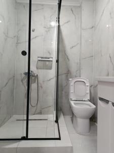 ein weißes Badezimmer mit Dusche und Toilette in der Unterkunft Kazakhstan-hostel in Astana