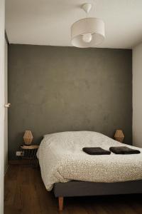 布里昂松Appartement très calme 2 chambres avec parking et jardin privé sur les hauteurs de Briançon的带床和绿墙的卧室