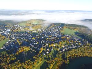 an aerial view of a town in the mountains with clouds at Chalet am Biggesee in Olpe