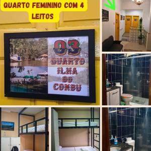 a collage of pictures of a living room and a sign at O Plácido Arte Hostel in Belém +38 photos
