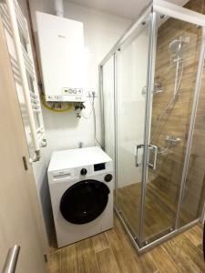 a washing machine in a bathroom with a shower at I&I Bubanj in Kragujevac