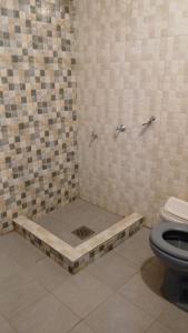 a bathroom with a shower with a toilet and a drain at Quinta Vista Allegra in Atyrá