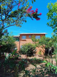 圣安娜杜里亚舒Casa Frida 400m do centro - Serra do Cipo的一座有树木的老砖房