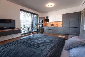 a bedroom with a large bed and a kitchen at Šantovka Residence in Olomouc +5 photos