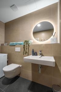 a bathroom with a sink and a toilet and a mirror at Šantovka Residence in Olomouc