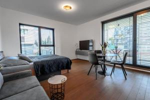 a bedroom with a bed and a couch and a table at Šantovka Residence in Olomouc