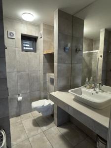 DługiePensjonat Długie Lubuskie的带水槽和马桶的浴室 更多8张照片