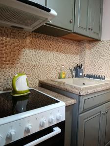 Kalymnos Center Sea Port في كاليمنوس: مطبخ مع موقد الفرن العلوي بجوار الحوض