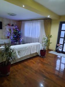 ein Schlafzimmer mit einem Weihnachtsbaum und einem Bett in der Unterkunft MihaiResidence in Craiova