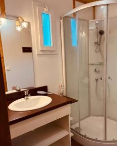 a bathroom with a sink and a shower at Chalet 3 étoiles - ccbecih in Chézery-Forens +23 photos