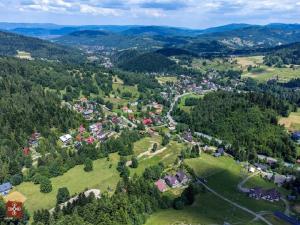 科尔别卢夫Domek Na Stoku的山丘上小村庄的空中景观