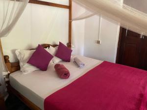 平谷Costels Hiriketiya的一间卧室配有一张大床,提供紫色和白色枕头