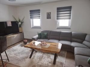 ein Wohnzimmer mit Sofa und Couchtisch in der Unterkunft Blidinje S7 - Risovac -280 m staza in Jablanica