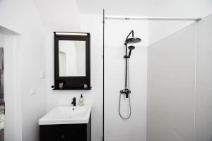a bathroom with a sink and a shower with a mirror at Cute Apartment in the heart of Old Town in Košice +22 photos