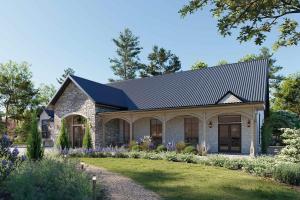 ein Steinhaus mit schwarzem Dach in der Unterkunft Maison Foxglove - Petite Acres Chateau in New Buffalo