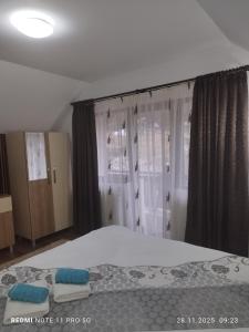 ein Schlafzimmer mit einem Bett und einem Fenster in der Unterkunft Casa Bran in Buşteni + 22 Fotos