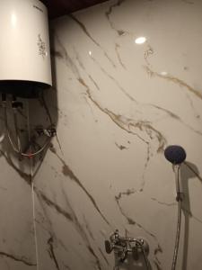 ein Badezimmer mit einer weißen Marmorwand und einer Lampe in der Unterkunft TTN - The Trekker's Nest in Jyotirmath