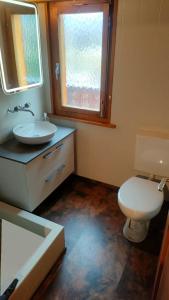 a bathroom with a toilet and a sink and a window at Chalet Valdonga in Flumserberg