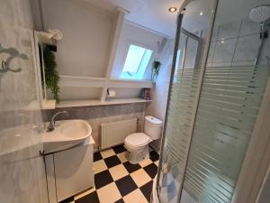 Un baño con ducha, inodoro y lavabo. en Sequoia Duo 2 chalets voisins, familles,amis,détente, en Durbuy