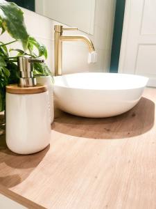 een badkamer met een wastafel en een plant op een aanrecht bij Apartment mit Garten - Garden view in Kleinmachnow