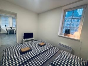 a bedroom with two beds and a tv in it at Apartmány Atrium in Litoměřice