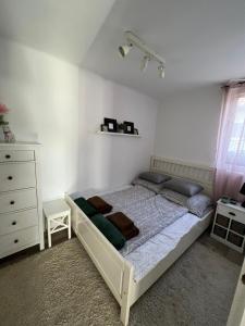 a bedroom with a bed and a dresser at Pancsoló Rigó & Mérges Harkály Apartments in Dunapataj