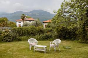 three white chairs sitting in the grass in a yard at La casa nel verde in Montereale Valcellina