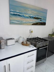 a kitchen with a stove and a painting on the wall at Tambo Touchdown Suites in Benoni