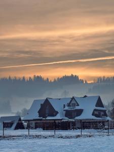 eine Gruppe von Häusern, die mit Schnee bedeckt sind, auf einem Feld in der Unterkunft Hill House Apartamenty in Białka Tatrzańska