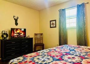 a bedroom with a bed and a tv and a dresser at Smoky Mountain Cabin with HOTTUB in Seymour