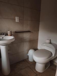 a bathroom with a white toilet and a sink at Mama Raywa in Chavín de Huantar