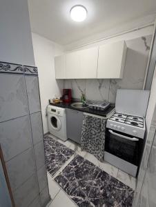 eine kleine Küche mit Herd und Waschmaschine in der Unterkunft Garsonieră parter, 1 dormitor cu terasa si loc de joacă, PARCARE GRATUITĂ, Craiova in Craiova