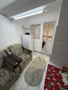 ein Wohnzimmer mit einer Couch und einem Sessel in der Unterkunft Garsonieră parter, 1 dormitor cu terasa si loc de joacă, PARCARE GRATUITĂ, Craiova in Craiova