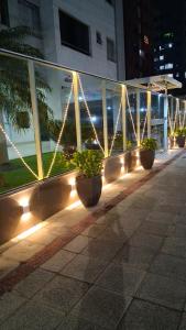 una fila di piante in vaso su un marciapiede con luci di Dois Quartos Completo a Vila Velha