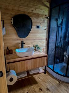 a bathroom with a sink and a mirror and a shower at Refugio Nauru in Puerto Dunn