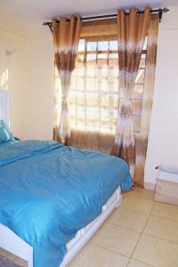 ein Schlafzimmer mit einem Bett und einem Fenster mit Vorhängen in der Unterkunft Anifar cozy home in Kahawa