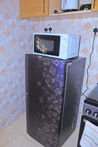 eine Mikrowelle auf einem Kühlschrank in der Küche in der Unterkunft Anifar cozy home in Kahawa