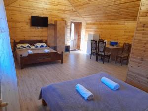 a room with two beds and a table and a television at FAMILY еко номери та будинки in Yablunytsya