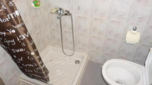 a bathroom with a shower with a toilet and a shower curtain at Summer Holidays Studio in Chania +10 photos