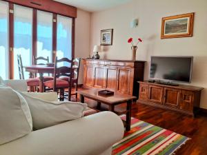 a living room with a couch and a tv and a table at Casa Mike - Trilocale con garage in San Giuliano Milanese