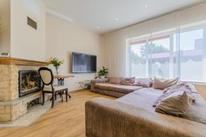 ein Wohnzimmer mit Couch und Kamin in der Unterkunft Spacious cosy house in Vilnius in Vilnius