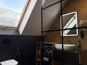 ein Badezimmer mit Waschbecken und Fenster in der Unterkunft GreenHill Bachleda in Zakopane + 38 Fotos