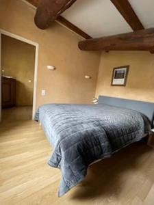 una camera da letto con un letto con una coperta blu di maison familiale a Saint-Trinit