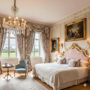 卢捷拿纳德德斯努Zamek Loucna nad Desnou的一间带大床和吊灯的卧室