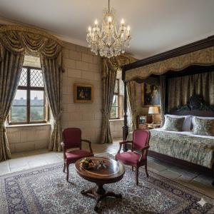 卢捷拿纳德德斯努Zamek Loucna nad Desnou的一间卧室，里面有一张床、两把椅子和一盏枝形吊灯