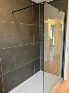 Studio Lippstadt 97 في ليبشتادت: دش زجاجي في غرفة مع ردهة