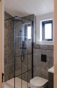 a bathroom with a shower with a toilet at Old Fargie Lodges in Perth