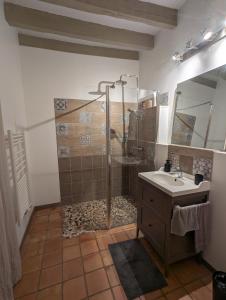 a bathroom with a shower and a sink at Suite indépendante avec salle de bain à la campagne in Mordelles