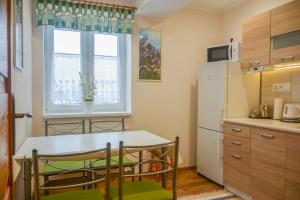 a kitchen with a table and chairs and a refrigerator at Vila Belianka in Ždiar